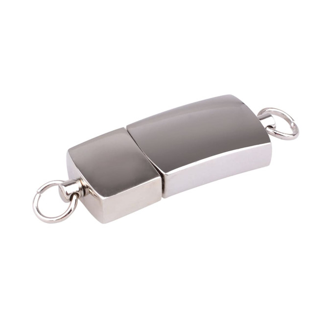 A shiny silver flash drive with a sleek, rectangular design and attached keyring loops.