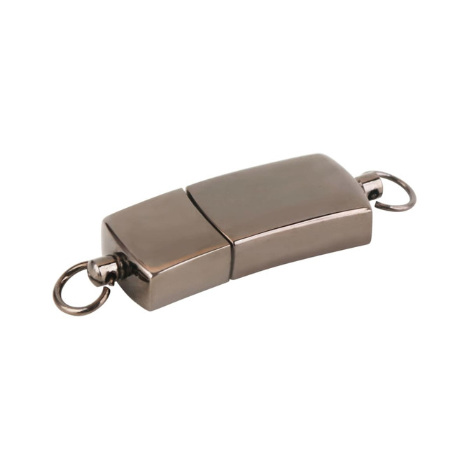 A silver-coloured flash drive with a sleek design, featuring two attachment rings on either end.