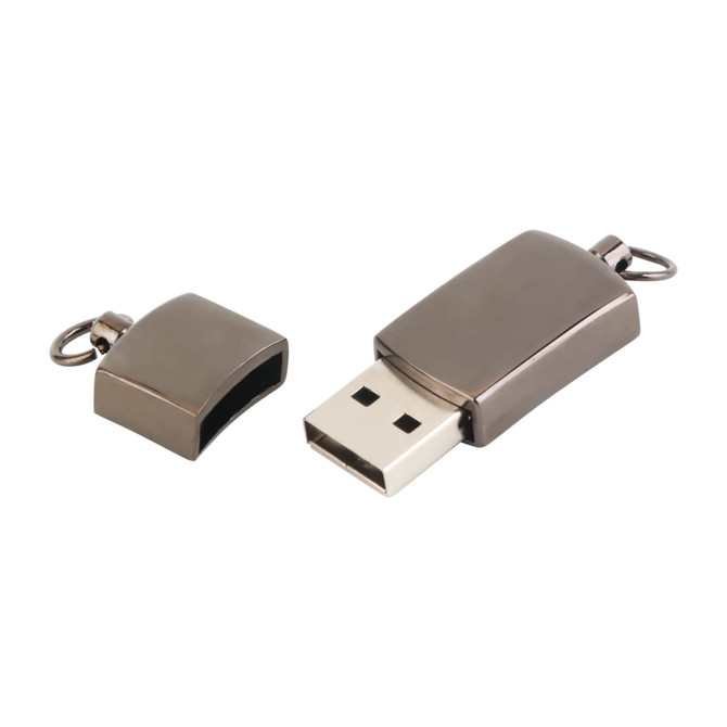 A metallic silver flash drive with a removable cap. The drive has a loop for attaching to keychains or lanyards.