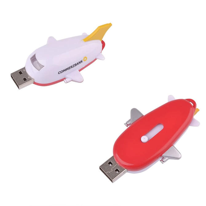 A flash drive designed in the shape of an aircraft, featuring red, white, and yellow colours, with a logo present.
