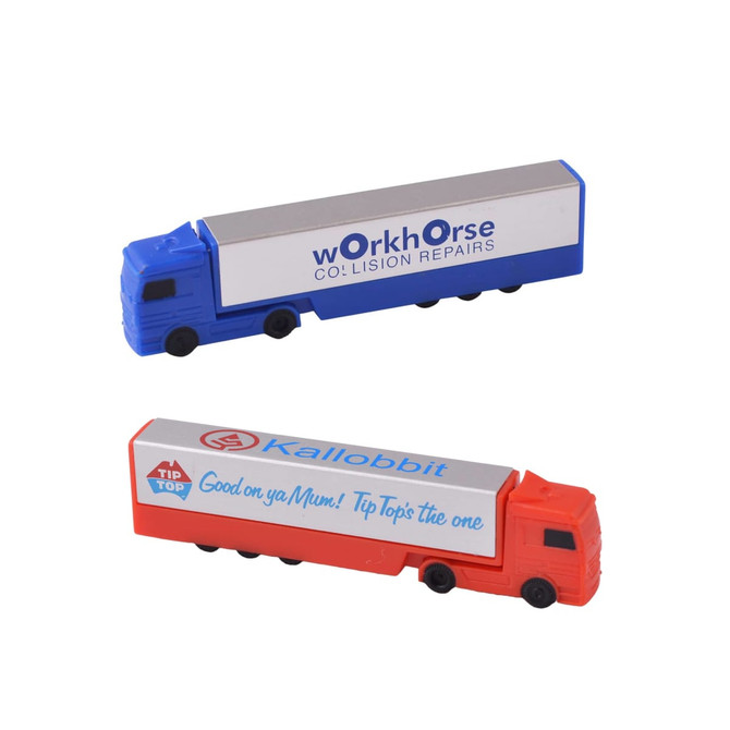 A truck-shaped flash drive in blue and orange with branding on the sides.