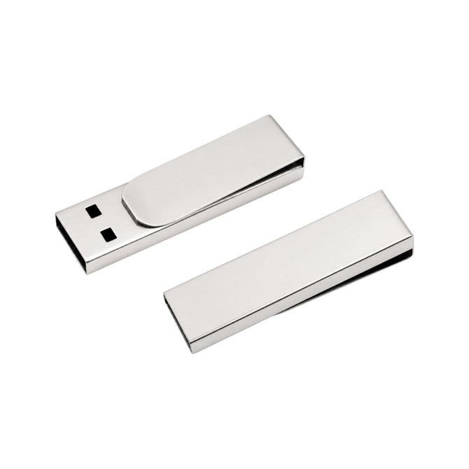 A metal clip flash drive in silver with a sleek design, featuring a removable cover and a logo.
