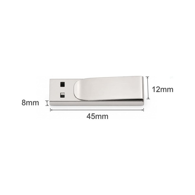 A metal clip flash drive in silver, featuring a sleek design with embedded storage dimensions.