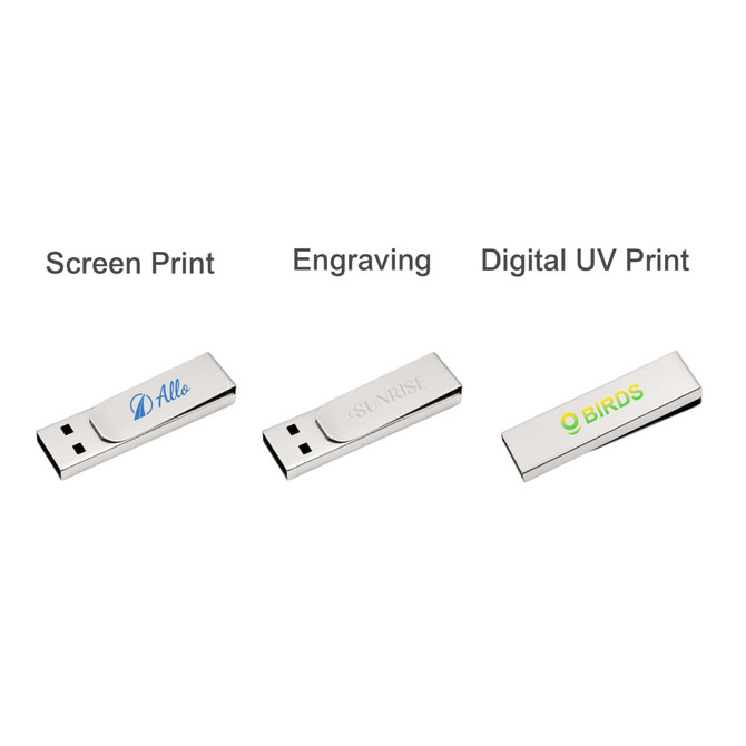 A metal clip flash drive in silver, featuring options for screen printing, engraving, and digital UV printing.