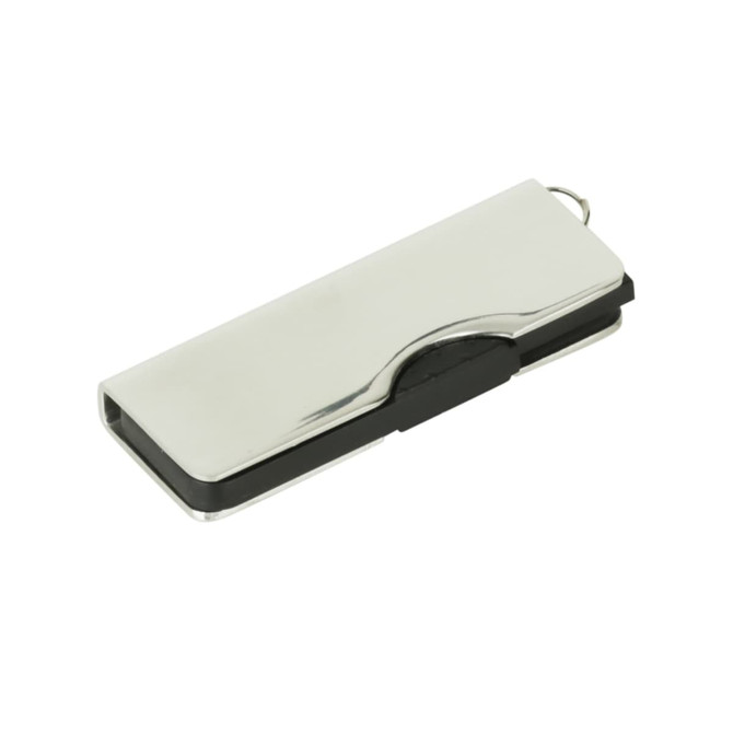 A sleek silver alloy swivel flash drive with a black accent and a keyring attachment.