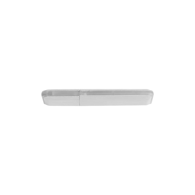 A silver flash drive with a sleek design, featuring a logo on its surface.