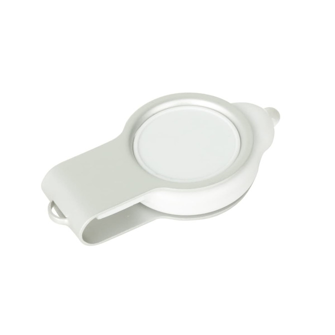 A light grey epoxy doming flash drive with a circular design and a clip for attachment.