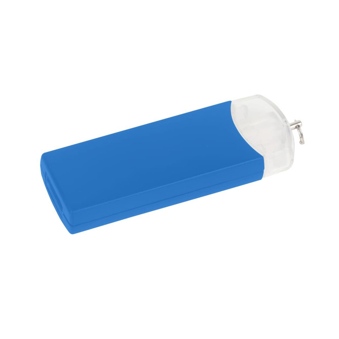 A blue USB flash drive with a transparent cap, featuring a small metal connector. It has a simple design and a logo.