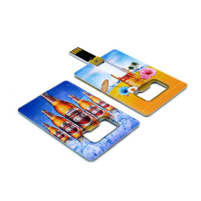 A drink bottle opener flash drive in a card shape featuring bright colours and a logo.