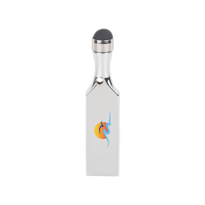 A sleek silver touch pen USB flash drive with a rubber tip and a logo on the front.