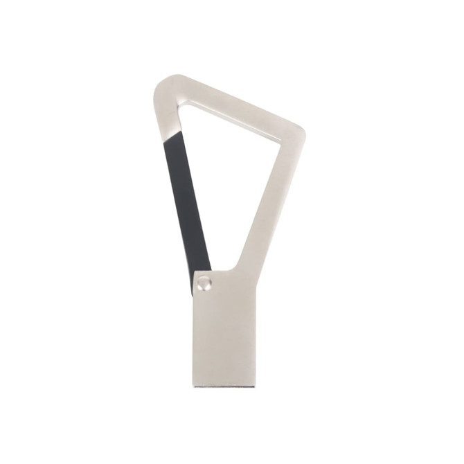 A silver and black triangle carabiner USB flash drive with a sleek, minimalist design and branding.