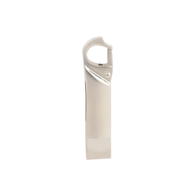 A silver Clip Lock Flash Drive with a sleek design and a built-in clip for attachment. It features a logo.