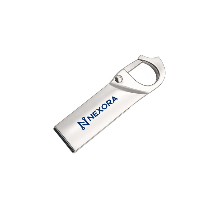 A silver Clip Lock Flash Drive featuring a curved design and a logo. Ideal for storage and portability.