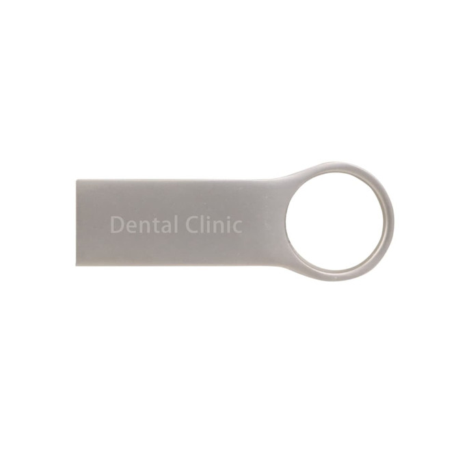 A grey USB flash drive featuring a round loop and branding on its surface.