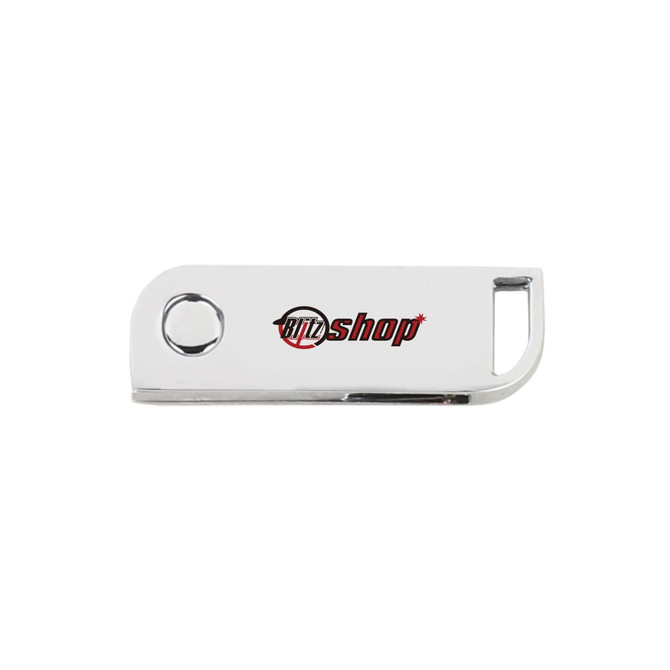 A metallic silver swivel flash drive featuring a logo, with a sleek design and practical functionality.