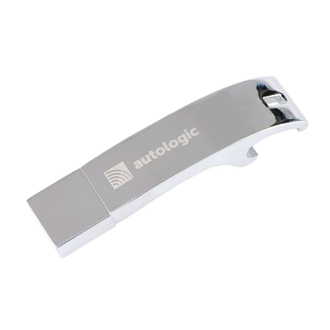A drink bottle opener and flash drive in a sleek silver metal design, featuring a logo on its surface.