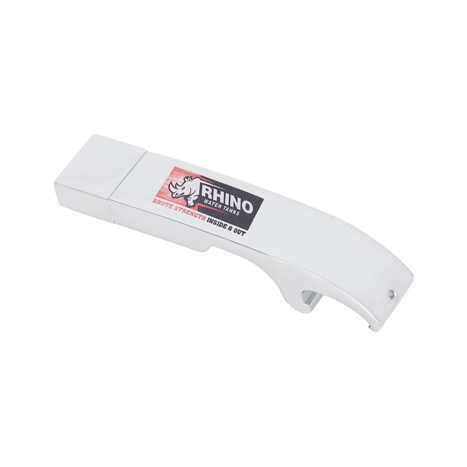 A drink bottle opener and flash drive in silver, featuring a logo on its surface.