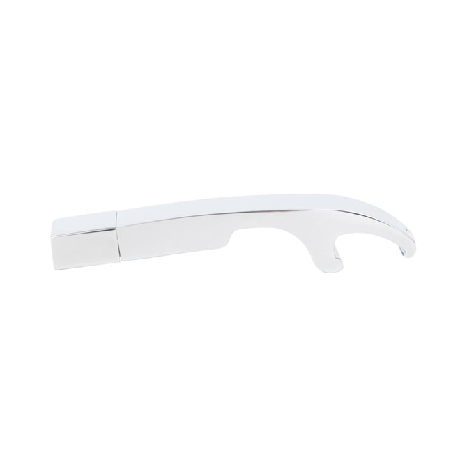 A silver bottle opener with a flash drive compartment, featuring a sleek, modern design and a logo on its surface.
