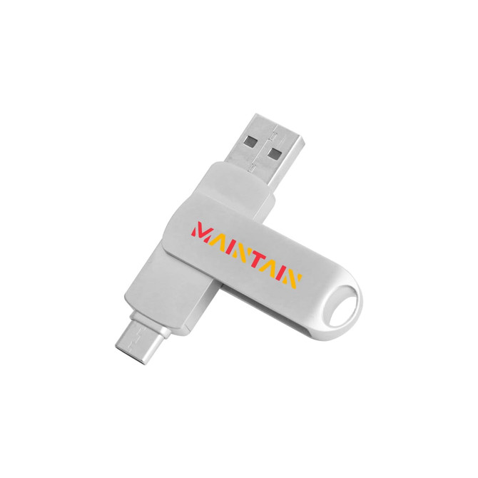 A silver double-end swivel Type C flash drive with a logo, featuring USB and Type C connectors.