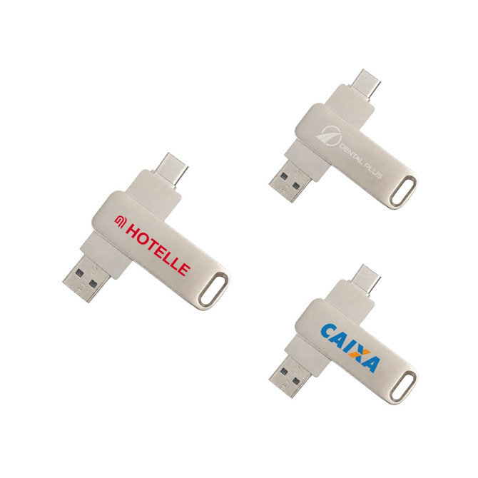 A white double-end swivel Type C flash drive with three variations featuring different logos.