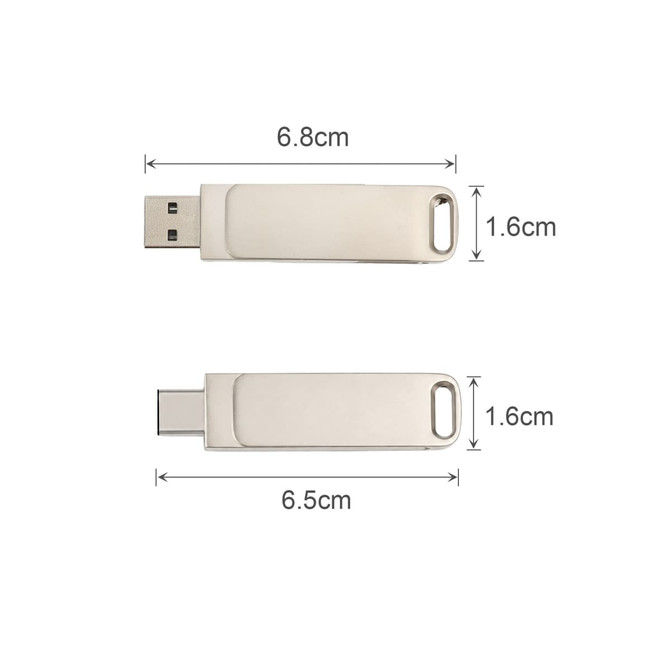 A silver double-end swivel Type C flash drive with dimensions of 6.8 cm by 1.6 cm. Features a logo.