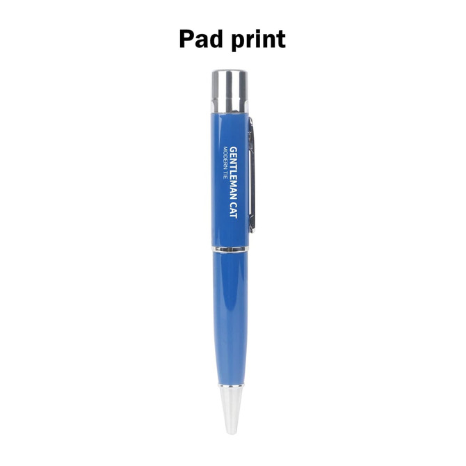 A blue metal pen with a silver clip and tip, featuring a logo on the barrel.