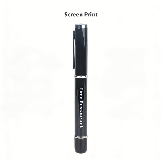 A black USB memory pen with a silver clip and screen print branding.