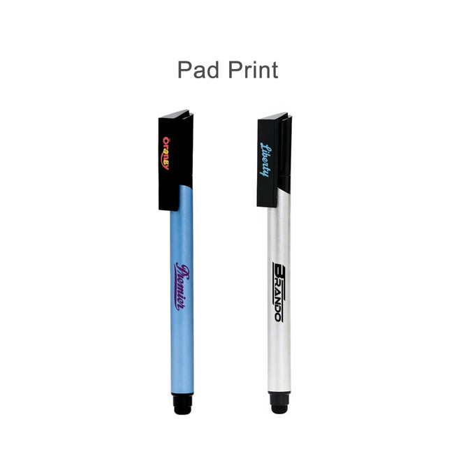 A 3 in 1 stylus USB pen in blue and silver, featuring branding on both pens and a sleek design.