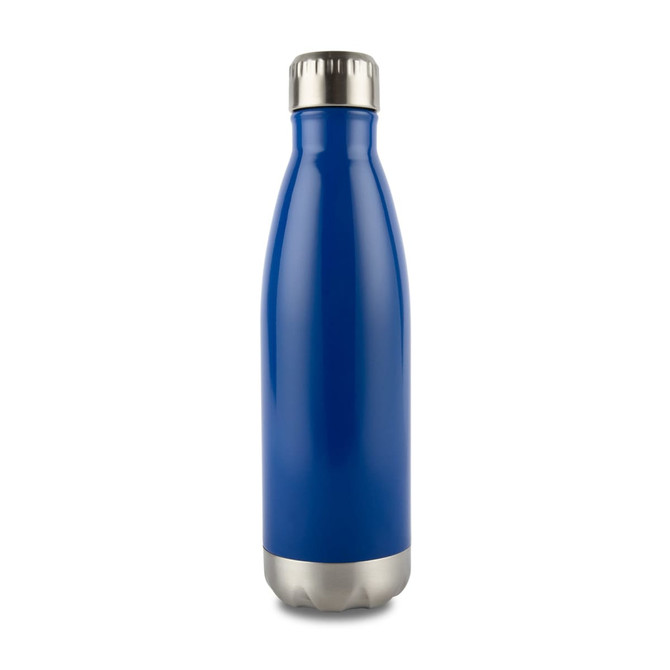 A drink bottle in a vibrant blue colour with a stainless steel base and a sleek, modern design.