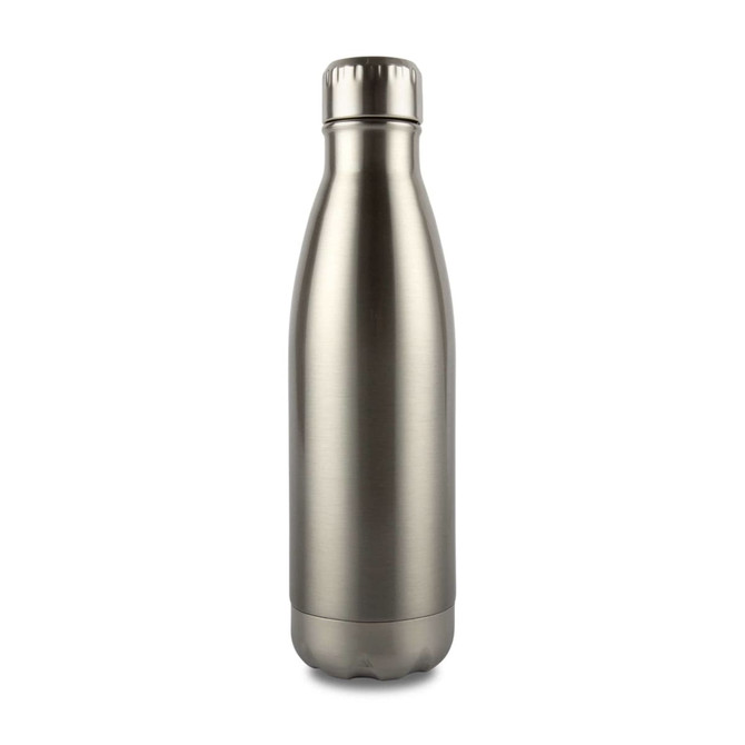 A drink bottle made of stainless steel with a sleek, metallic finish and a screw-top lid.