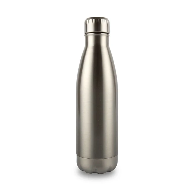 A drink bottle in a sleek metallic finish with a screw-top lid and a circular base. Features a logo on the surface.