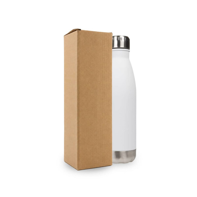 A drink bottle in white with a stainless steel lid, presented alongside a brown cardboard box.