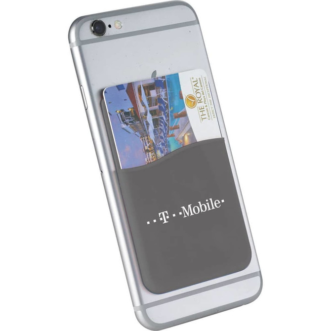 A grey silicone card wallet attached to the back of a phone, holding a credit card and a photo card.