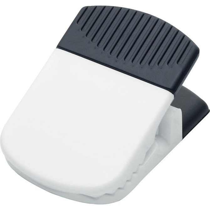 A jumbo magnetic memo holder in white and black, featuring a strong clip for securing notes or reminders.