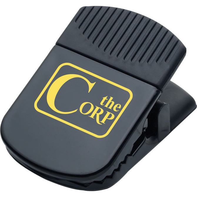 A black Jumbo Magnetic Memo Holder/Clip with a textured grip and a logo on the front.
