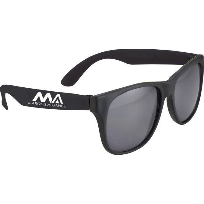 Retro sunglasses with a black frame and grey lenses, featuring a logo on the side.