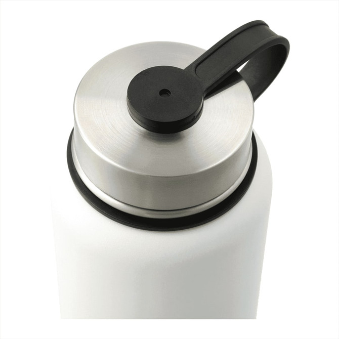 A drink bottle featuring a stainless steel lid and a white body, equipped with a black carry handle.