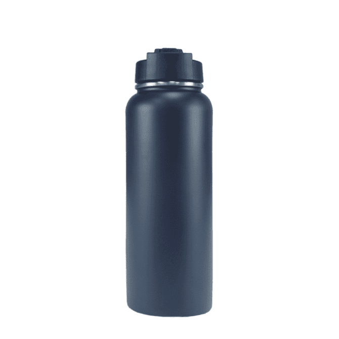 A drink bottle in navy blue with a black lid, featuring a simple design and a logo.