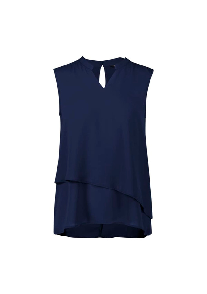 A sleeveless, layered blouse in navy blue featuring a keyhole neckline and a flowing silhouette.