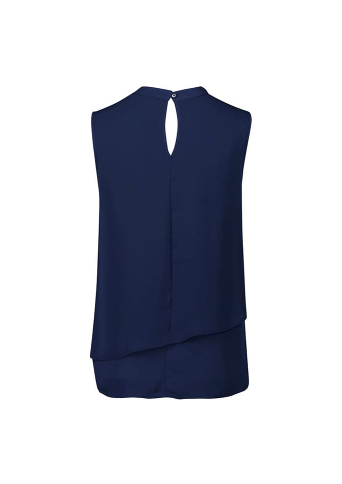 A navy sleeveless blouse featuring a layered design and a keyhole back detail, with a logo present.