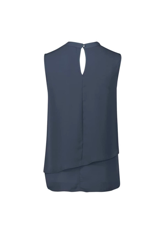 A sleeveless layered blouse in a dark teal colour with a keyhole button detail at the back. Features a logo.