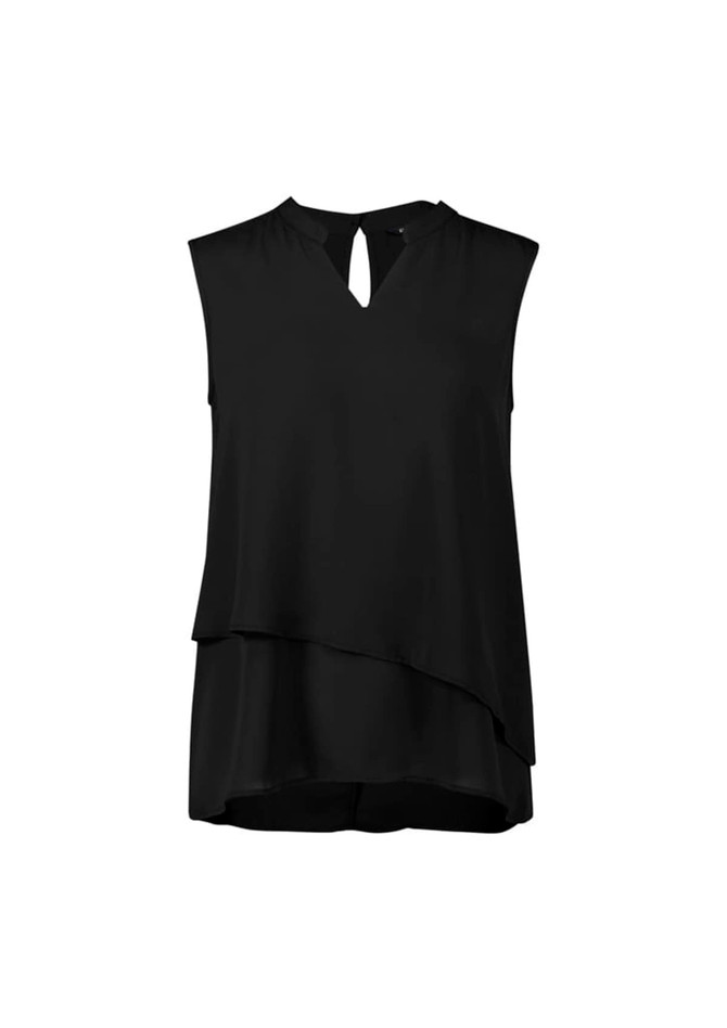 A black sleeveless blouse with a layered design and keyhole neckline. It features an interior logo.