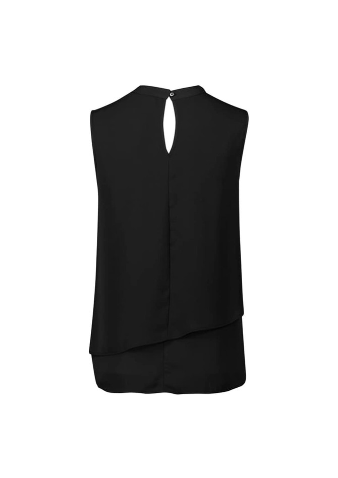 A black sleeveless layered blouse featuring a keyhole back design and an elegant draped silhouette.