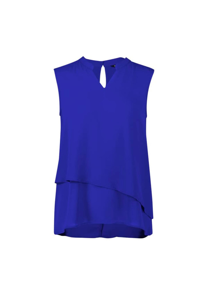 A sleeveless layered blouse in a vibrant blue colour with a keyhole neckline and a curved hem. It features a logo.
