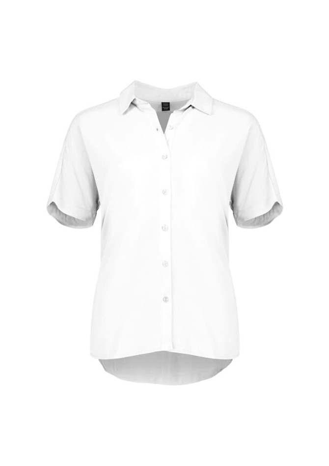 A white short sleeve blouse with a collar and button-up front, featuring rolled sleeves and a curved hem.