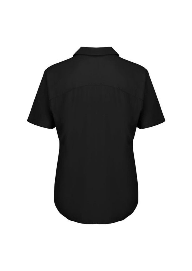 A black women's blouse with short sleeves and a collared neck, featuring a simple design and no visible logos.