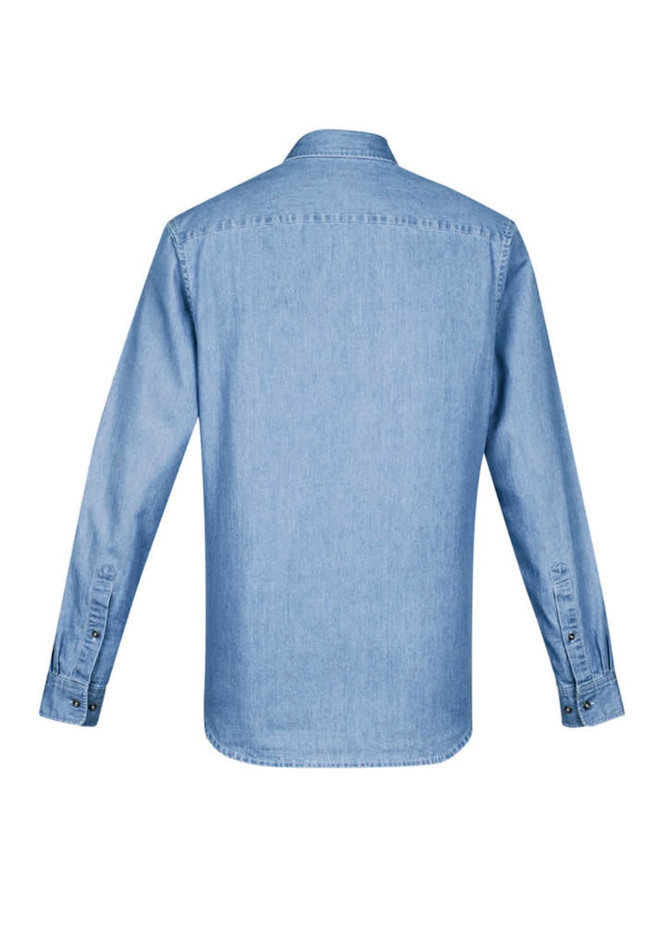 A light blue men's button-up long sleeve shirt with a back view, featuring a collar and buttoned cuffs.