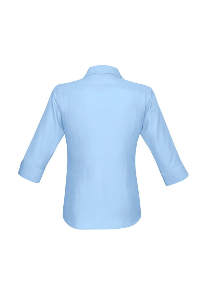 A light blue women's button-up shirt with 3/4 sleeves and a collar, featuring a logo.