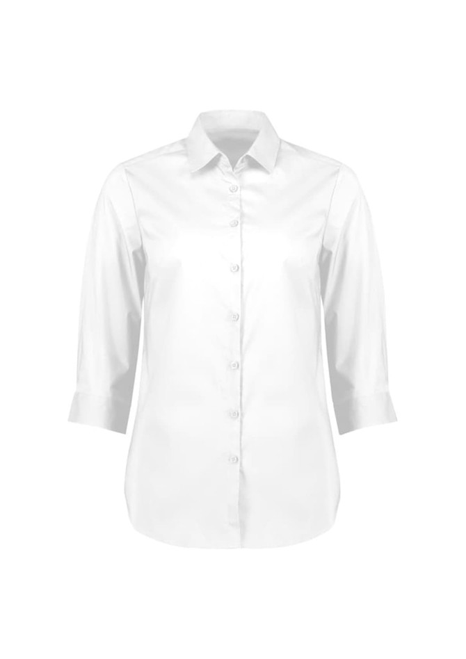 A white women's button-up shirt featuring 3/4 sleeves and a collar, with a subtle logo.