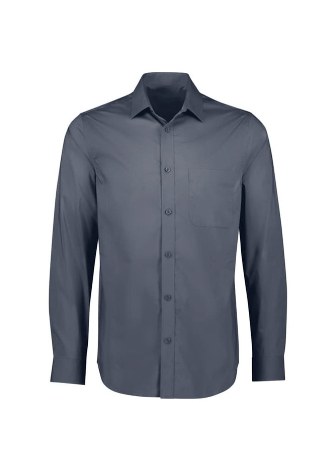 A men's long sleeve button-up shirt in dark grey with a chest pocket and a logo on the shirt.